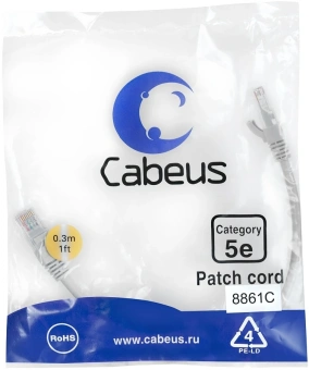 Патч-корд Cabeus PC-UTP-RJ45-CAT.5E-0.3M-LSZH U/UTP RJ-45 вил.-вилка RJ-45 кат.5E 0.3м серый LSZH - купить недорого с доставкой в интернет-магазине