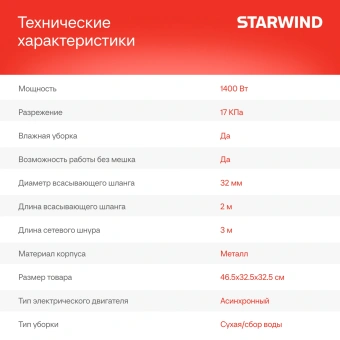 Строительный пылесос Starwind VC20-1800MS1 1400Вт (уборка: сухая/влажная/выдув/сбор воды) черный - купить недорого с доставкой в интернет-магазине