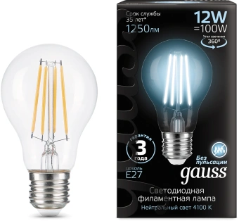 Лампа светодиодная Gauss Filament 102902212 12Вт цок.:E27 груша 185B св.свеч.бел.нейт. грушевидная (упак.:10шт) - купить недорого с доставкой в интернет-магазине