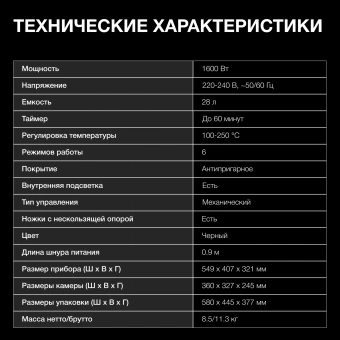 Мини-печь Hyundai MIO-HY093 28л. 1600Вт черный - купить недорого с доставкой в интернет-магазине