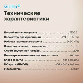 Микроволновая Печь Vitek VT-MW0320 20л. 700Вт белый - купить недорого с доставкой в интернет-магазине