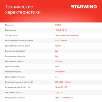 Углошлифовальная машина Starwind AG125E-1100 1100Вт 11000об/мин рез.шпин.:M14 d=125мм - купить недорого с доставкой в интернет-магазине