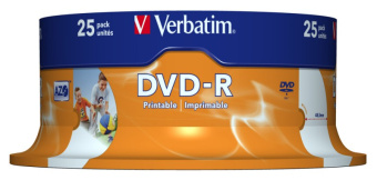Диск DVD-R Verbatim 4.7Gb 16x Cake Box (25шт) Printable (43538) - купить недорого с доставкой в интернет-магазине