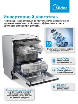 Посудомоечная машина встраив. Midea MID60S485I 2100Вт полноразмерная нержавеющая сталь инвертор - купить недорого с доставкой в интернет-магазине