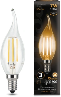 Лампа светодиодная Gauss Filament 7Вт цок.:E14 свеча 220B св.свеч.бел.теп. CF35 (упак.:10шт) (104801107) - купить недорого с доставкой в интернет-магазине