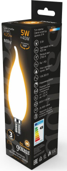 Лампа филам. Gauss Filament 5Вт цок.:E14 свеча 220B св.свеч.бел.теп. (упак.:1шт) (104201105) - купить недорого с доставкой в интернет-магазине