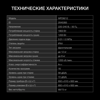 Стиральная машина Hyundai WFD9212 класс: A+++ загр.фронтальная макс.:12кг (с сушкой) белый инвертер - купить недорого с доставкой в интернет-магазине