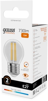 Лампа филам. Gauss Filament 12Вт цок.:E27 шар 220B св.свеч.бел.теп. (упак.:10шт) (52212) - купить недорого с доставкой в интернет-магазине