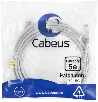 Патч-корд Cabeus PC-UTP-RJ45-CAT.5E-5M U/UTP RJ-45 вил.-вилка RJ-45 кат.5E 5м серый ПВХ - купить недорого с доставкой в интернет-магазине