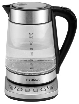 Чайник электрический Hyundai HYK-G3026 1.7л. 2200Вт серебристый/черный корпус: стекло/металл/пластик - купить недорого с доставкой в интернет-магазине