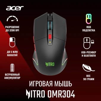 Мышь Acer Nitro OMR304 черный оптическая 3200dpi беспров. BT/Radio USB 6but (ZL.MCECC.01Z) - купить недорого с доставкой в интернет-магазине
