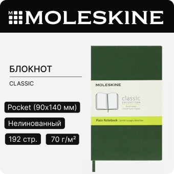 Блокнот Moleskine CLASSIC QP012K15 Pocket 90x140мм 192стр. нелинованный твердая обложка зеленый - купить недорого с доставкой в интернет-магазине
