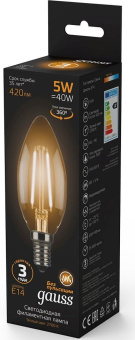 Лампа филам. Gauss 5Вт цок.:E14 свеча 220B св.свеч.бел.теп. C37 (упак.:10шт) (103801105) - купить недорого с доставкой в интернет-магазине