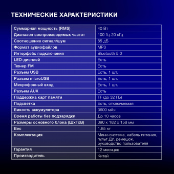 Колонка порт. Hyundai H-PS1030 черный/черный 40W 2.0 BT 10м 3600mAh - купить недорого с доставкой в интернет-магазине