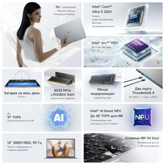 Ноутбук Chuwi Corebook Air Core Ultra 5 226V 16Gb SSD512Gb Intel Arc 130V 14" IPS 2.8K (2880x1800) Windows 11 Pro grey WiFi BT Cam 4737mAh - купить недорого с доставкой в интернет-магазине
