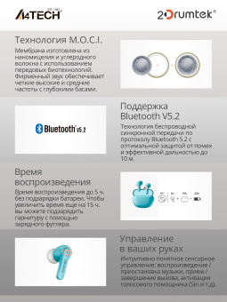 Гарнитура вкладыши A4Tech 2Drumtek B25 TWS синий беспроводные bluetooth в ушной раковине (B25 ICY BLUE) - купить недорого с доставкой в интернет-магазине