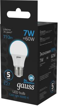 Лампа светодиодная Gauss 102502307 7Вт цок.:E27 груша 220B 6500K св.свеч.бел.хол. (упак.:10шт) - купить недорого с доставкой в интернет-магазине