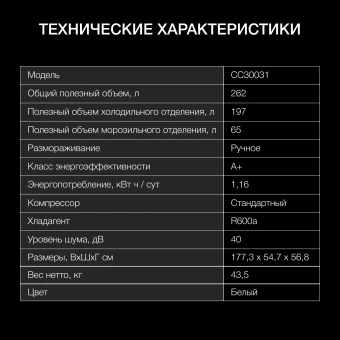 Холодильник Hyundai CC30031 2-хкамерн. белый - купить недорого с доставкой в интернет-магазине