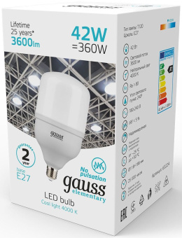 Лампа светодиодная Gauss Elementary T120 42Вт цок.:E27 цилин. 220B 3600K св.свеч.бел.нейт. (упак.:1шт) (63224) - купить недорого с доставкой в интернет-магазине
