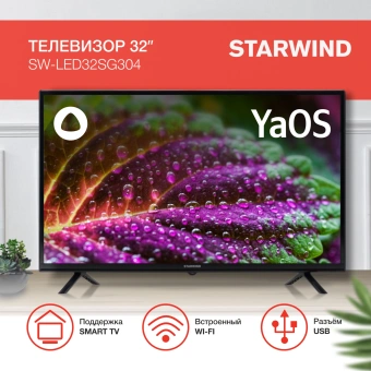 Телевизор LED Starwind 32" SW-LED32SG304 Яндекс.ТВ черный/черный HD 60Hz DVB-T DVB-T2 DVB-C DVB-S DVB-S2 USB WiFi Smart TV - купить недорого с доставкой в интернет-магазине