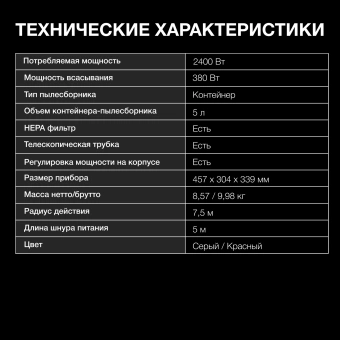 Пылесос Hyundai HYV-C4570 2400Вт серебристый/красный - купить недорого с доставкой в интернет-магазине