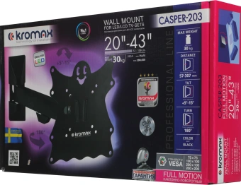 Кронштейн для телевизора Kromax Casper-203 черный 20"-43" макс.30кг настенный поворот и наклон - купить недорого с доставкой в интернет-магазине
