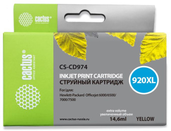 Картридж струйный Cactus CS-CD974 №920XL желтый (14.6мл) для HP DJ 6000/6500/7000/7500 с чипом - купить недорого с доставкой в интернет-магазине