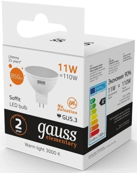 Лампа светодиодная Gauss Elementary 13511 11Вт цок.:GU5.3 софит 180B св.свеч.бел.теп. MR16 (упак.:1шт) - купить недорого с доставкой в интернет-магазине