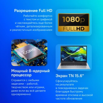 Ноутбук Acer Aspire Go AG15-31P-38DT Core i3 N305 8Gb SSD256Gb Intel UHD Graphics 15.6" TN FHD (1920x1080) без ОС silver WiFi BT Cam (NX.KX5CD.008) - купить недорого с доставкой в интернет-магазине
