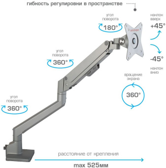 Кронштейн для мониторов Arm Media LCD-T35 серебристый 17"-34" макс.9кг настольный поворот и наклон верт.перемещ. - купить недорого с доставкой в интернет-магазине