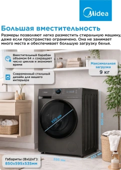 Стиральная машина Midea MF200W90WBS/S-RU класс: A загр.фронтальная макс.:9кг темно-серебристый инвертор - купить недорого с доставкой в интернет-магазине