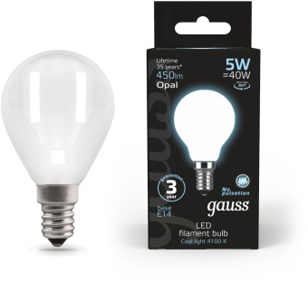 Лампа светодиодная Gauss Filament 5Вт цок.:E14 шар 220B св.свеч.бел.нейт. (упак.:1шт) (105201205) - купить недорого с доставкой в интернет-магазине