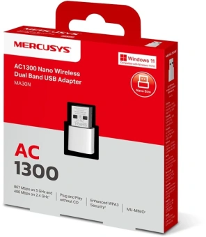 Сетевой адаптер Wi-Fi Mercusys MA30N AC1300 USB 2.0 (ант.внутр.) - купить недорого с доставкой в интернет-магазине