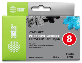 Картридж струйный Cactus CS-CLI8PC CLI-8PC светло-голубой (12мл) для Canon Pixma iP6600/iP6600d/iP6700/iP6700d/MP960/MP970/PRO 9000 с чипом - купить недорого с доставкой в интернет-магазине