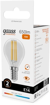 Лампа филам. Gauss Filament 10Вт цок.:E14 шар св.свеч.бел.теп. (упак.:10шт) (52110) - купить недорого с доставкой в интернет-магазине