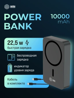 Мобильный аккумулятор Cactus CS-PBFSTA-10000 10000mAh 22.5W 4.5A USB-C беспров.зар. серый - купить недорого с доставкой в интернет-магазине