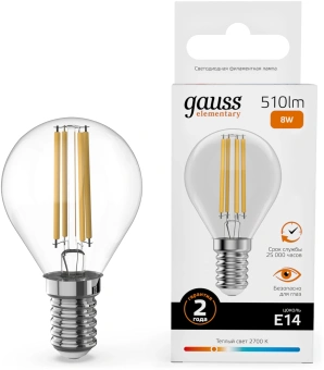 Лампа филам. Gauss Filament 8Вт цок.:E14 шар св.свеч.бел.теп. (упак.:10шт) (52118) - купить недорого с доставкой в интернет-магазине