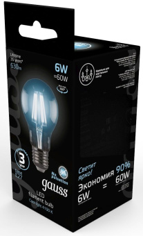 Лампа филам. Gauss Filament A60 6Вт цок.:E27 груша 220B 4100K св.свеч.бел.нейт. (упак.:1шт) (102802206) - купить недорого с доставкой в интернет-магазине