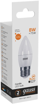 Лампа светодиодная Gauss Elementary 8Вт цок.:E27 свеча 220B 3000K св.свеч.бел.теп. C37 (упак.:10шт) (33218) - купить недорого с доставкой в интернет-магазине