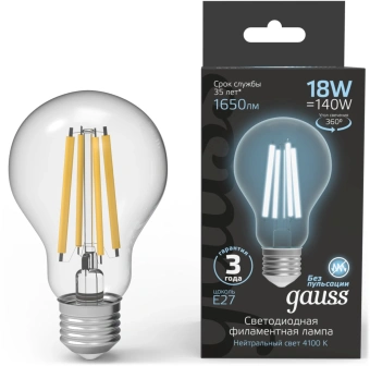 Лампа филам. Gauss Filament 18Вт цок.:E27 груша св.свеч.бел.нейт. (упак.:10шт) (102902218) - купить недорого с доставкой в интернет-магазине