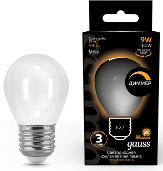 Лампа светодиодная Gauss Filament 105202109-D 9Вт цок.:E27 шар 220B 3000K св.свеч.бел.теп. (упак.:10шт) - купить недорого с доставкой в интернет-магазине