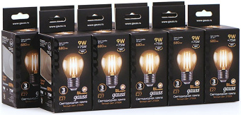 Лампа филам. Gauss 9Вт цок.:E27 шар 220B св.свеч.бел.теп. G45 (упак.:10шт) (105802109) - купить недорого с доставкой в интернет-магазине
