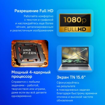 Ноутбук Acer Aspire 3 A315-24P-R00C Ryzen 5 7520U 8Gb SSD512Gb AMD Radeon 610M 15.6" TN FHD (1920x1080) без ОС silver WiFi BT Cam (NX.KDECD.00K) - цена, купить или заказать с доставкой в интернет-магазине Ноутбук Acer Aspire 3 A315-24P-R00C Ryzen 5 7520U 8Gb SSD512Gb AMD Radeon 610M 15.6" TN FHD (1920x1080) без ОС silver WiFi BT Cam (NX.KDECD.00K) - купить недорого с доставкой в интернет-магазине