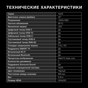 Телевизор LED Hyundai 40" H-LED40BS5003 Яндекс.ТВ Frameless черный FULL HD 60Hz DVB-T DVB-T2 DVB-C DVB-S DVB-S2 USB WiFi Smart TV - купить недорого с доставкой в интернет-магазине