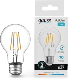 Лампа филам. Gauss Filament 11Вт цок.:E27 груша св.свеч.бел.нейт. (упак.:10шт) (22221) - купить недорого с доставкой в интернет-магазине