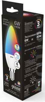 Лампа светодиодная Gauss 103101406 6Вт цок.:E14 свеча 220B св.свеч.RGB (упак.:1шт) - купить недорого с доставкой в интернет-магазине
