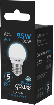 Лампа светодиодная Gauss 105102310 9.5Вт цок.:E27 шар 220B св.свеч.бел.хол. (упак.:10шт) - купить недорого с доставкой в интернет-магазине