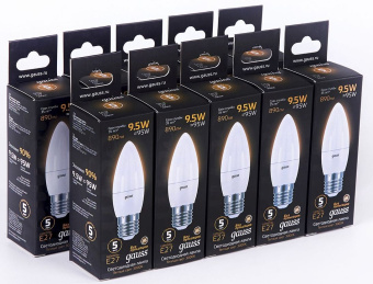 Лампа светодиодная Gauss 9.5Вт цок.:E27 свеча 220B св.свеч.бел.теп. (упак.:10шт) (103102110) - купить недорого с доставкой в интернет-магазине