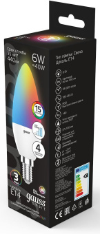 Лампа светодиодная Gauss 103101406 6Вт цок.:E14 свеча 220B св.свеч.RGB (упак.:1шт) - купить недорого с доставкой в интернет-магазине