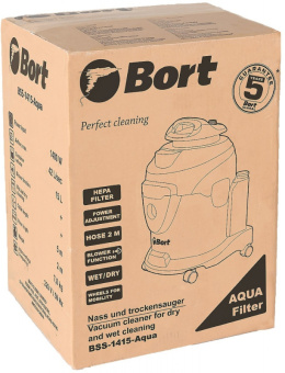 Строительный пылесос Bort BSS-1415-Aqua 1400Вт (уборка: сухая/влажная) синий - купить недорого с доставкой в интернет-магазине